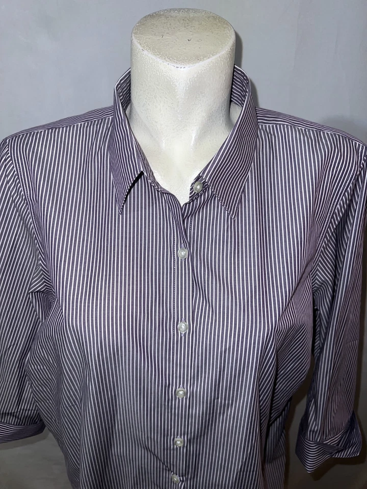 Lands’ End Top Women's Size 18W Purple Stripe Striped Button Up 3/4 Sleeve Shirt - Image 2 of 4