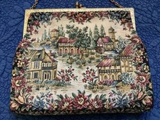 Vintage French tapestry scene evening bag w/metal frame and chain