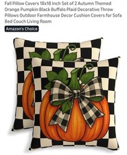 Fall Pillow Covers 18x18 Inch 18" x 18" Pack of 2 Pumpkin Black Buffalo Check