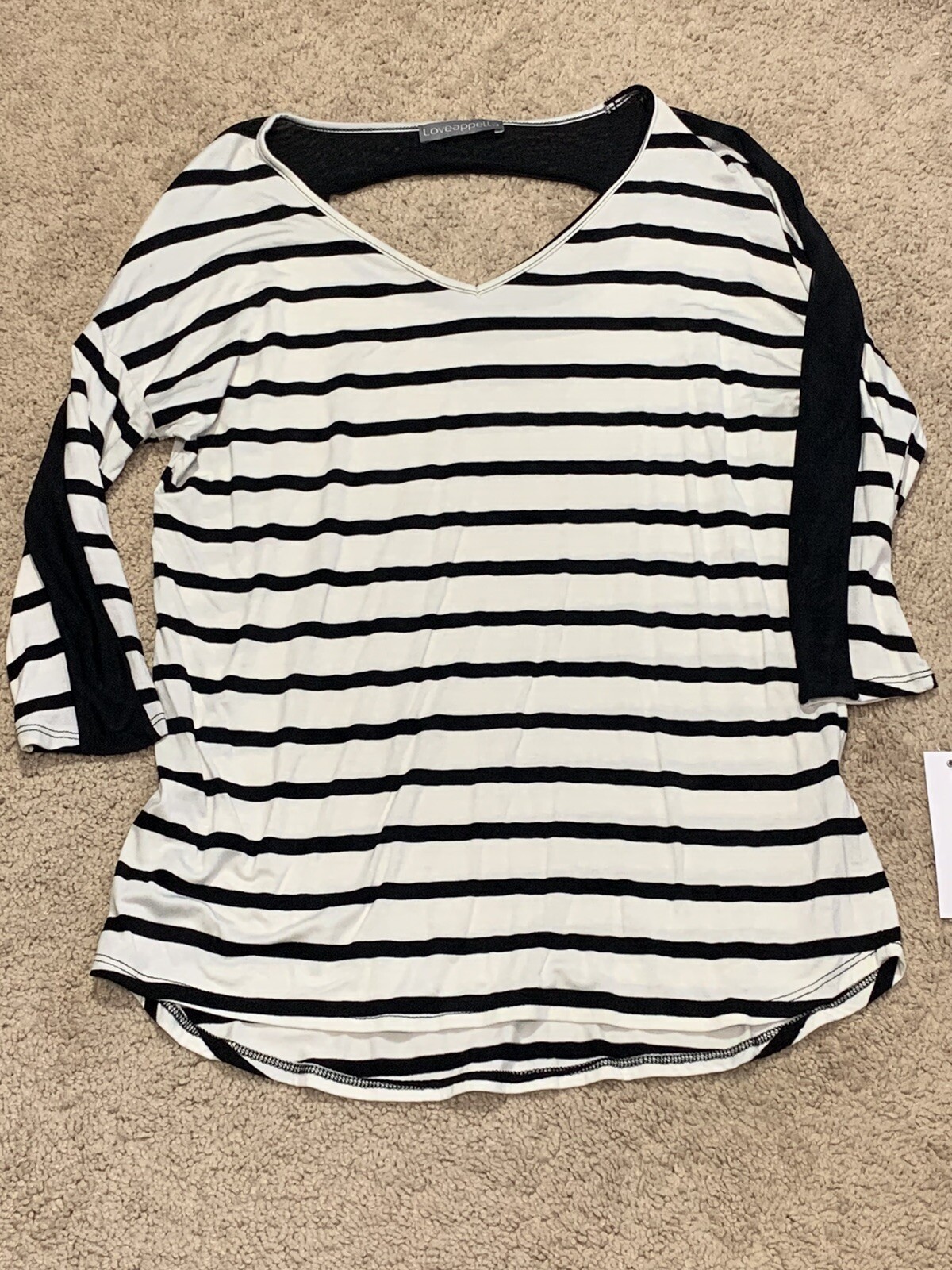 Loveapplella Womens Shirt Small Black White Stripe Keyhole Back Sheer Details