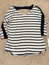 Loveapplella Womens Shirt Small Black White Stripe Keyhole Back Sheer Details