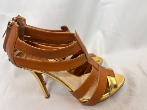 CHRISTIAN DIOR stiletto heels 8.5 brown gold leather shoes size 38.5