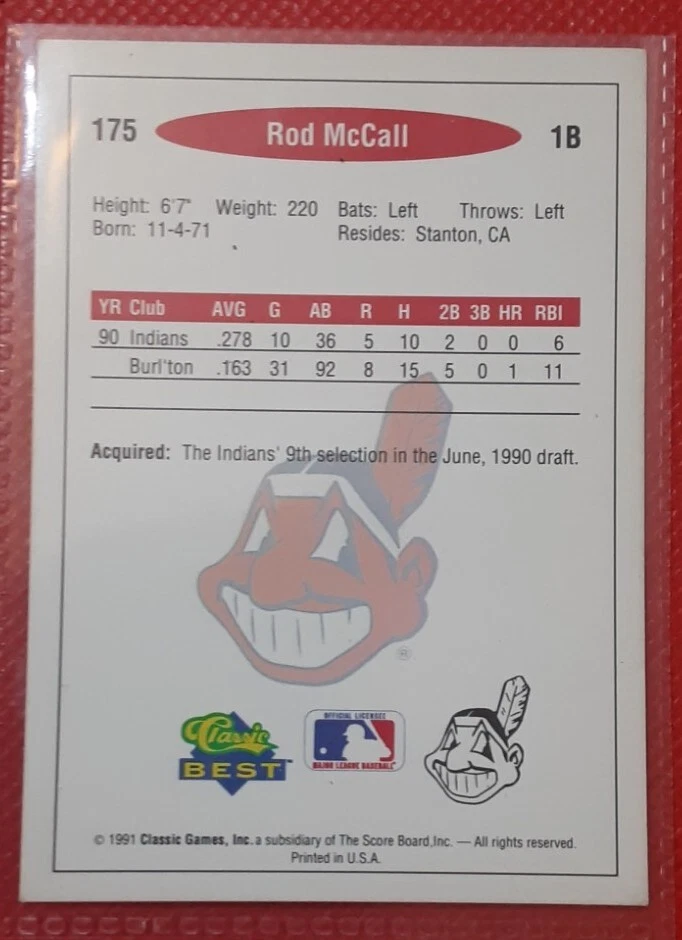 1991 Rod McCall Indians Autographed Baseball Card Vintage One Arm Error Card - Image 2 of 3