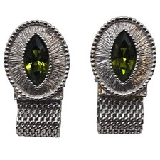 Vintage Swank Silver Tone Mesh Wrap Cufflinks With Green Marquise Cut Stone