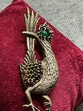Vintage Gold Green Bird Brooch Roadrunner Kookoo Pin Signed Ambassador Jewelry