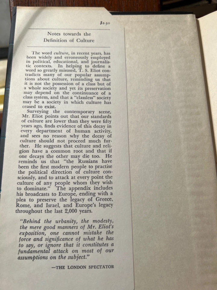 HTF 1949 1st Ed US T.S. Eliot Definition of Culture Dust Jacket Nobel Prize Gift Foto 4 de 4