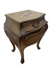 French Bombe Nightstand Chest Hand Painted Roses Rattan Trim Felted drawer