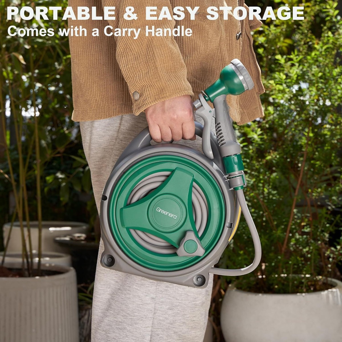 14M Garden Hose Reel Compact Portable Water Pipe 7 Adjustable 
