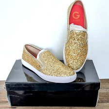 G By Guess Gold Glitter Metallic Shimmer Slip-On Sneakers Flat Size 7M Box EUC