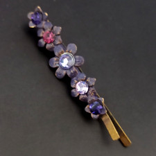 Michal Negrin Hairpin Barrette Purple Enamel Flowers Crystals Hair Pin Gift Box