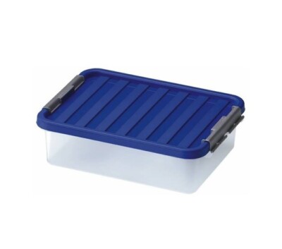 6x HEIDRUN Clipbox mit Deckel+Verschlüssen-9,0 L.- 40x29x11cm-transp/blau Deckel