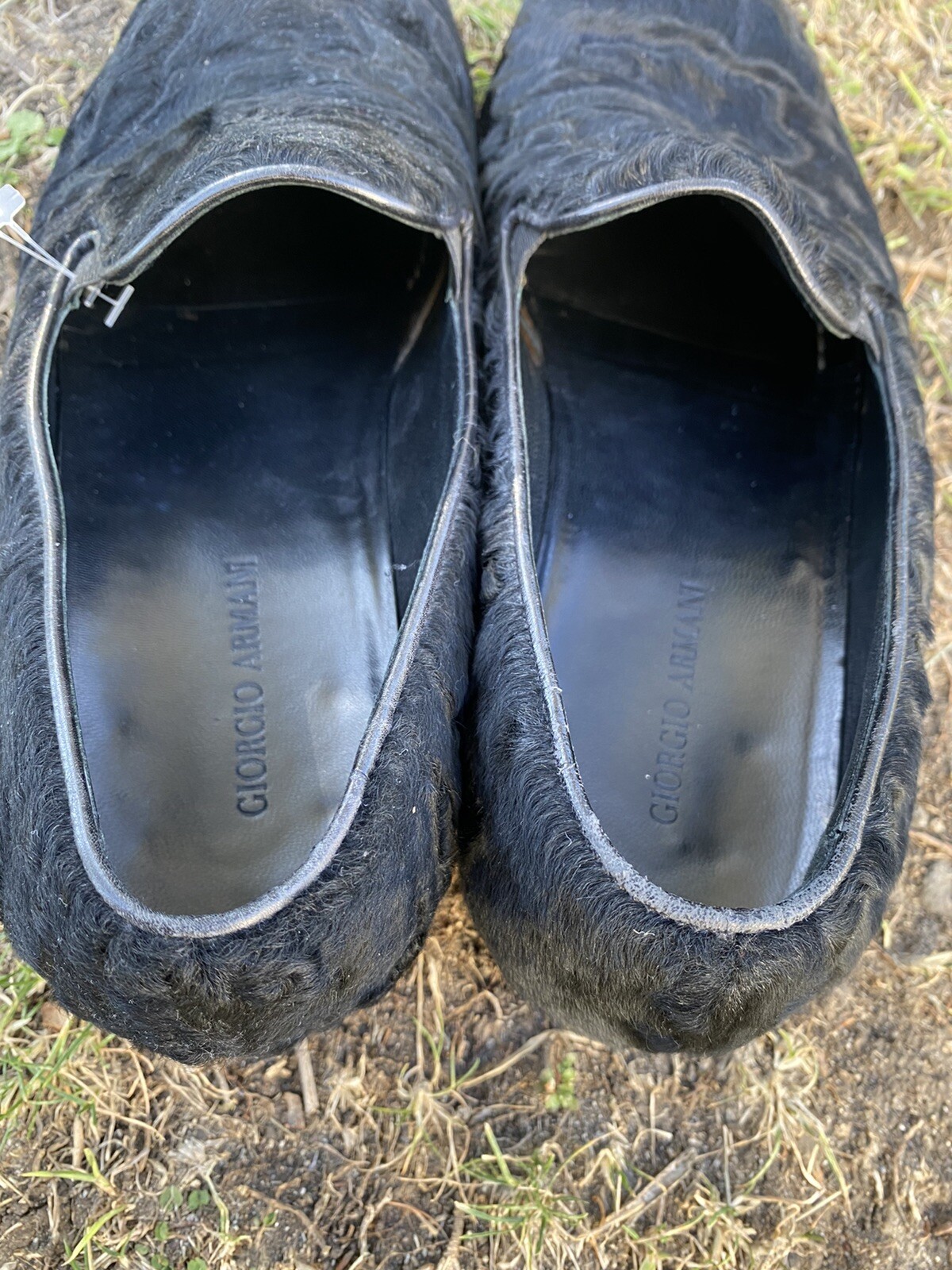 Mens Black Furry ARMANI Slip On Loafers 8.5 Italian Shoes eBay