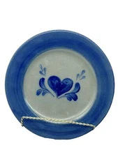 Rowe Pottery Works Plate Salad Dessert Salt Glaze Cobalt Blue Gray Heart 9” VTG