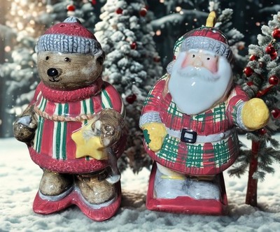 Sakura Hand-Painted Christmas Bear & Santa Figurines Set   Ceramic Holiday Decor