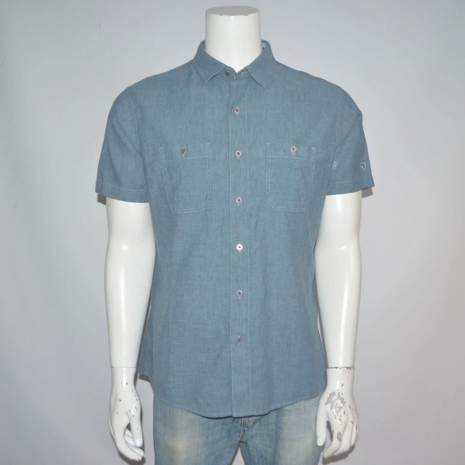 KUHL Skorpio Linen Cotton Blue Short Sleeve Casual Shirt Sz L 7218