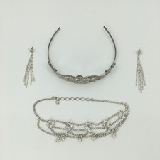 Rhinestone Tiara Necklace Earrings Set Women OS Silver Formal Bridal Pageant
