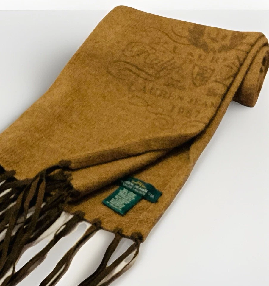 Ralph Lauren Bufanda Cuero Flecos Logo De Colección Marrón Mezcla Lana Merino Raro Preppy Foto 3 de 4