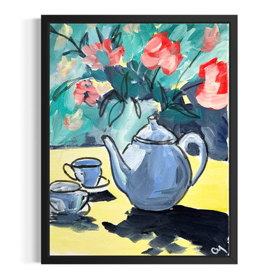 Original Tea Party 11x14 Abstract Acrylic Painting Flower Garden Blue Wall Art
