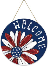 Smile Patriotic Flower Welcome Wooden round Door Hanger, American Flag Themed Fr