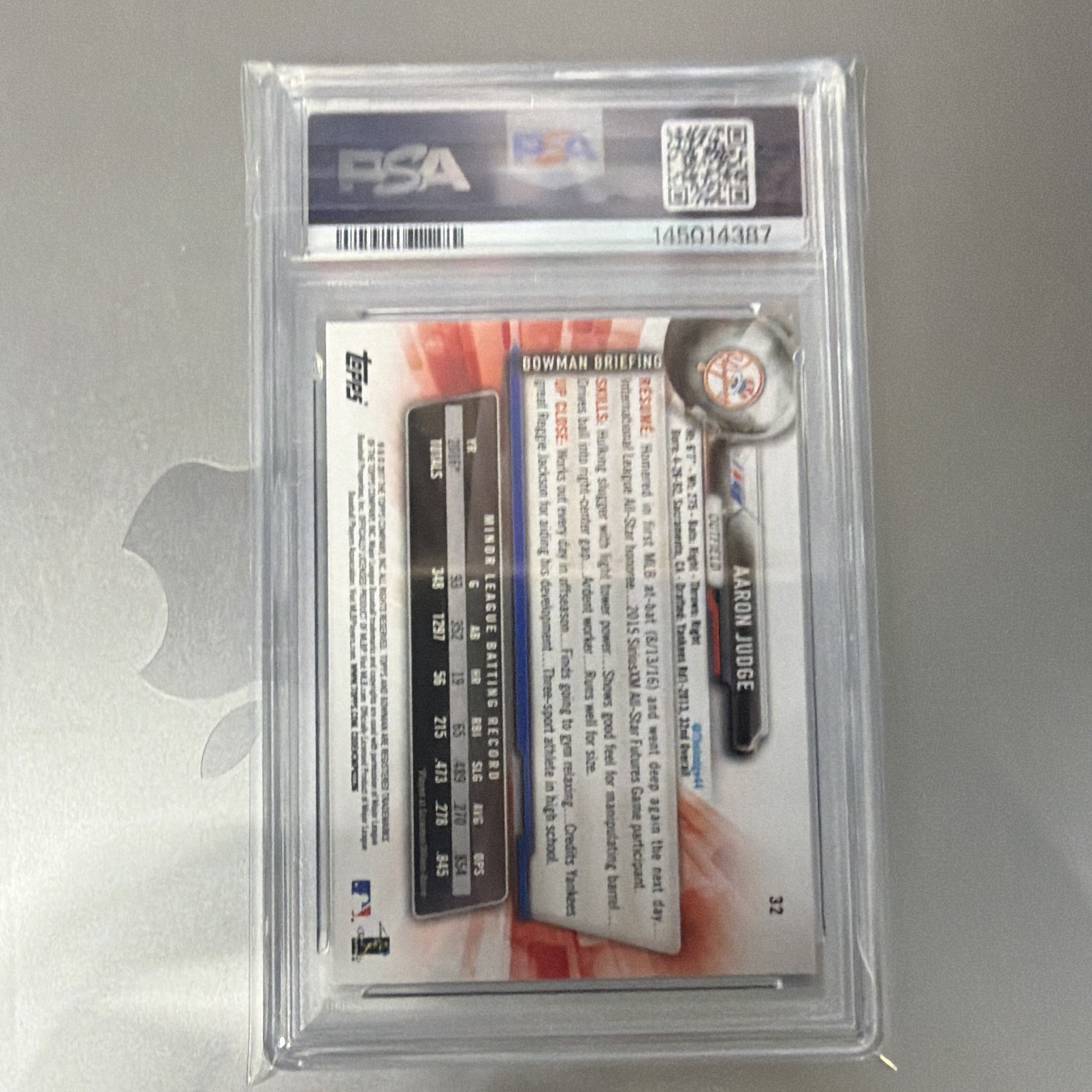 2017 Bowman Aaron Judge Rookie Base #32 New York Yankees PSA 9 Mint view 2