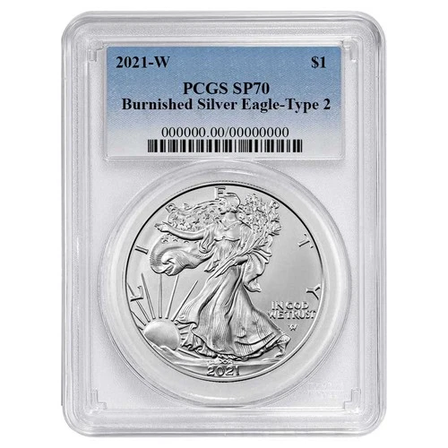 2021-W $1 1-oz T-2 Burnished American Silver Eagle PCGS SP70 Blue Label