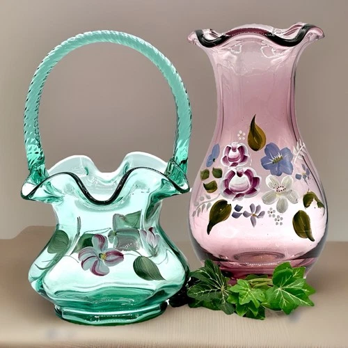 Fenton Handpainted Signed Green Basket + Fenton Handpainted Purple Vase Lot Of 2