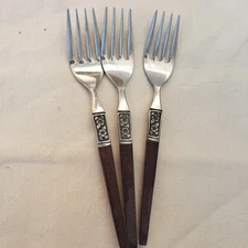 EKCO ETERNA La Joya Stainless Steel Flatware Japan MCM 3  Salad Forks  Faux Wood