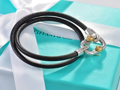Tiffany & Co 18K Yellow Gold Silver Makers Leather Wrap Bracelet
