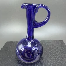 Vintage Hand Blown Art Glass Jug Pitcher Cobalt Blue Glassware Hand Made Decor