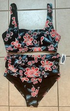 Old Navy Women s Swimwear Black Floral Bikini Set Medium Criss Cross Bottom NWOT