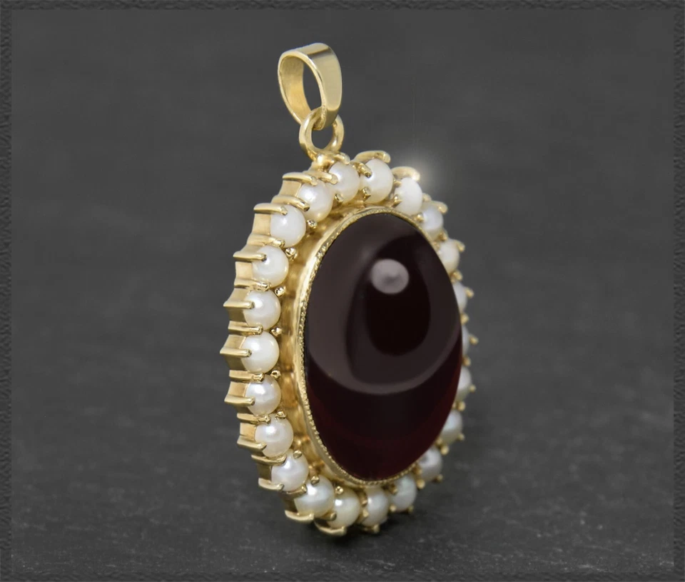 Vintage 21ct Granat & weiße Perlen Anhänger aus 333 Gold, Damen Gleiter um 1970 - Bild 2 von 4