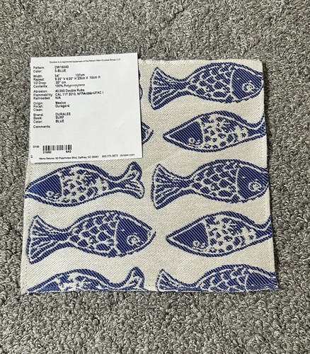 Duralee Fabric Sample 8.5” x 8.25” DW16043 Blue White Fish Surf Ocean Fishing - Picture 11 of 19
