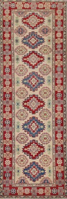 Geometric Ivory Super Kazak Oriental Narrow Runner Rug 3x9 Handmade Hallway Rug