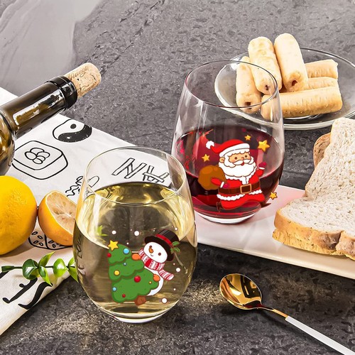 Christmas Wine Glasses Set of 4 Santa Stemless Wine Glass Wine Glass Christma... - Picture 2 of 7