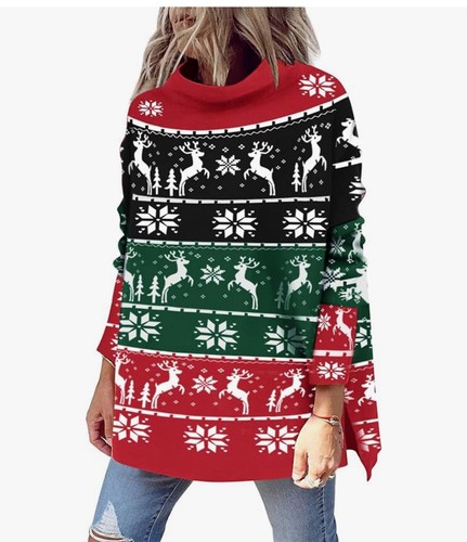 Ugly Sweater Weihnachten Schnee Rollkragen Pullover Oversize Schlitz Saum Pulli Oberteil