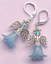 light BLUE Acrylic FLOWER ANGEL Faceted AB CRYSTAL earring SP LEVER BACK #XAG
