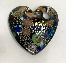 Pendant Handcrafted Murano Style Millefiori Glass Foil Heart UNIQUE Multicolored