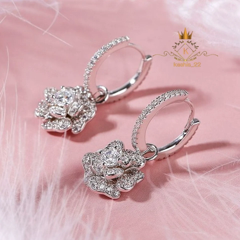 Moissanite Drop/Dangle Earrings 2.50 Carat Round Cut 14K White Gold For Women - Image 2 of 4