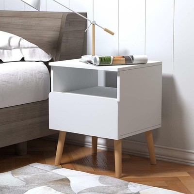 White Bedside Table 1 Drawer Storage Open Shelf Wooden Retro