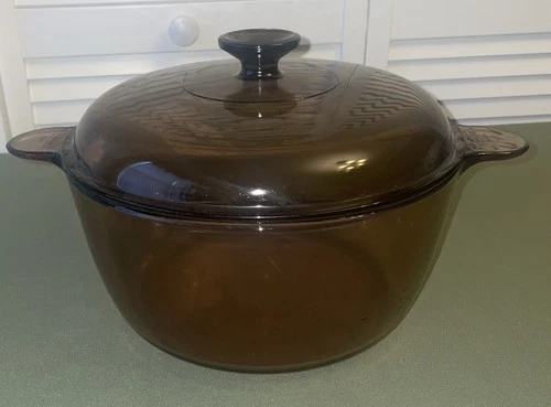Vtg Visions Corning Ware Pyrex Amber 4.5L Glass Dutch Oven Stock Pot & Lid