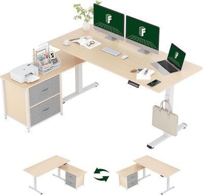 L Shaped Standing Desk W/ Drawers Large Electric Height Adjustable Executive