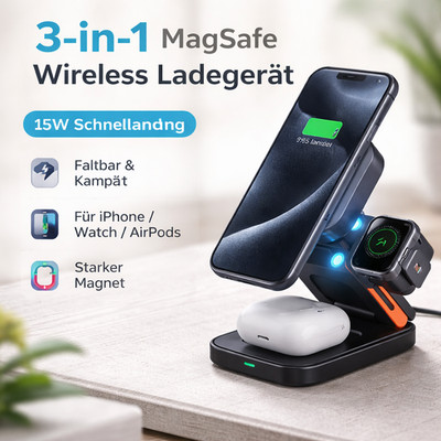 3-in-1 MagSafe Wireless Ladegerät 15W für iPhone Apple Watch AirPods Faltbar