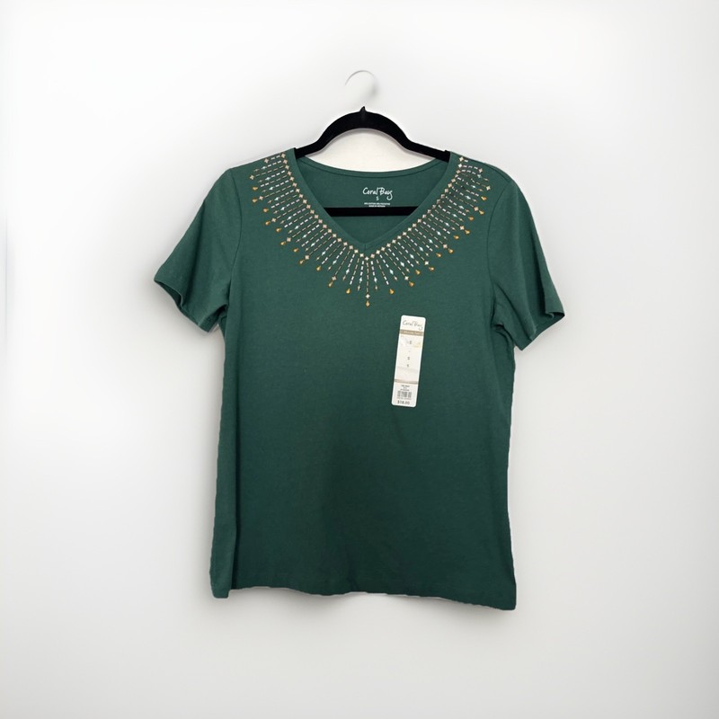 Coral Bay Women’s Emerald Green Embellished V-Neck Tee Top NWT Size S