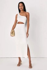 Lulus White One Shoulder Cutout Ribbed Knit Side Slit Bodycon Midi Dress, S, NWT