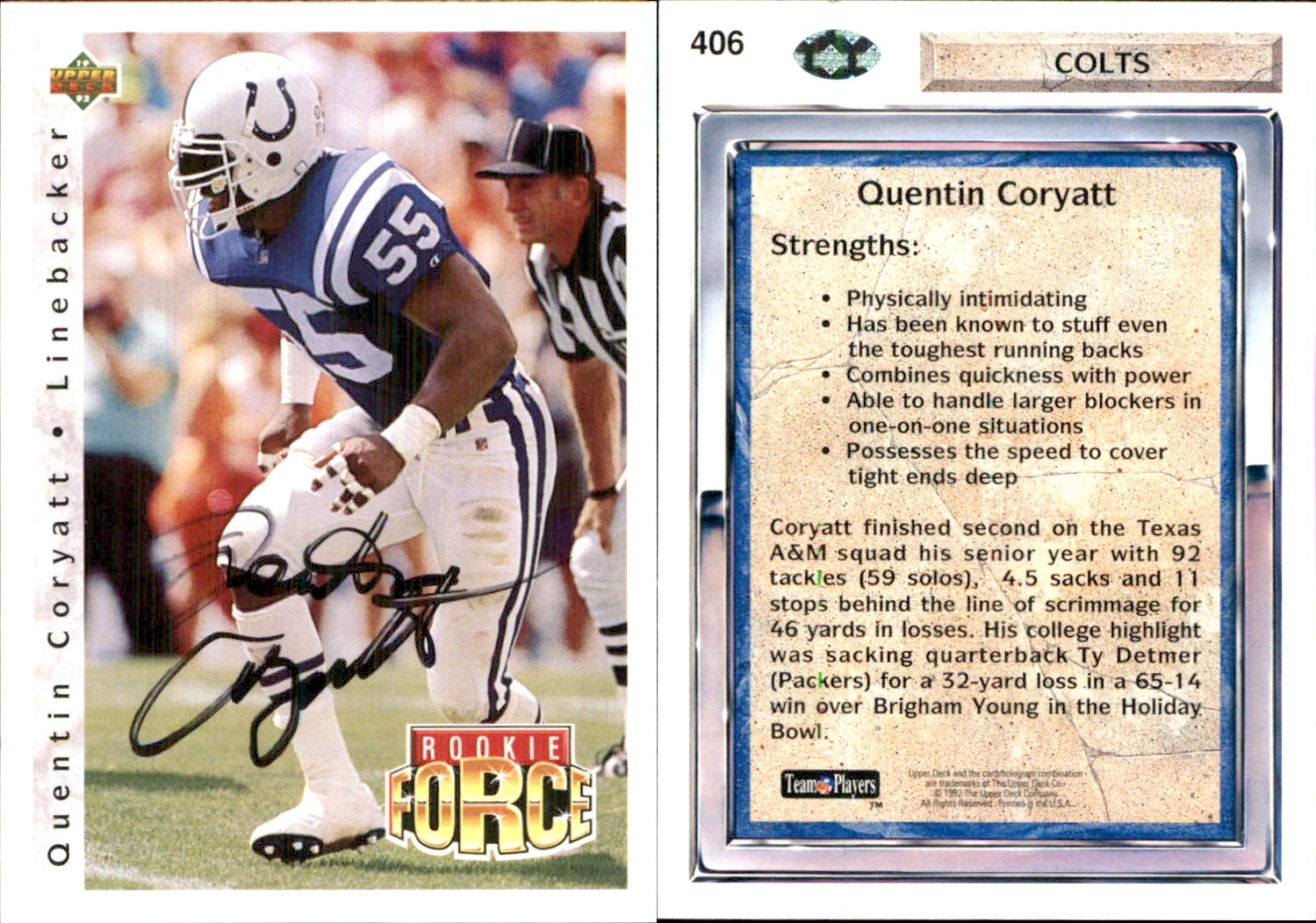 Quentin Coryatt Signed 1992 Upper Deck #406 Card Indianapolis Colts Auto AU