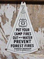 VINTAGE MINNESOTA FOREST SERVICE PORCELAIN SIGN SMOKEY BEAR PARK CAMPFIRE RANGER