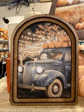 Fall Autumn Blue Farm Truck With Pumpkins Mini Picture With Arch Wood Frame