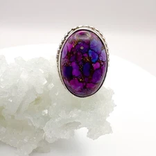 Navajo purple dyed turquoise and silver ring, SZ 4, by Calvin Tom signed vintage