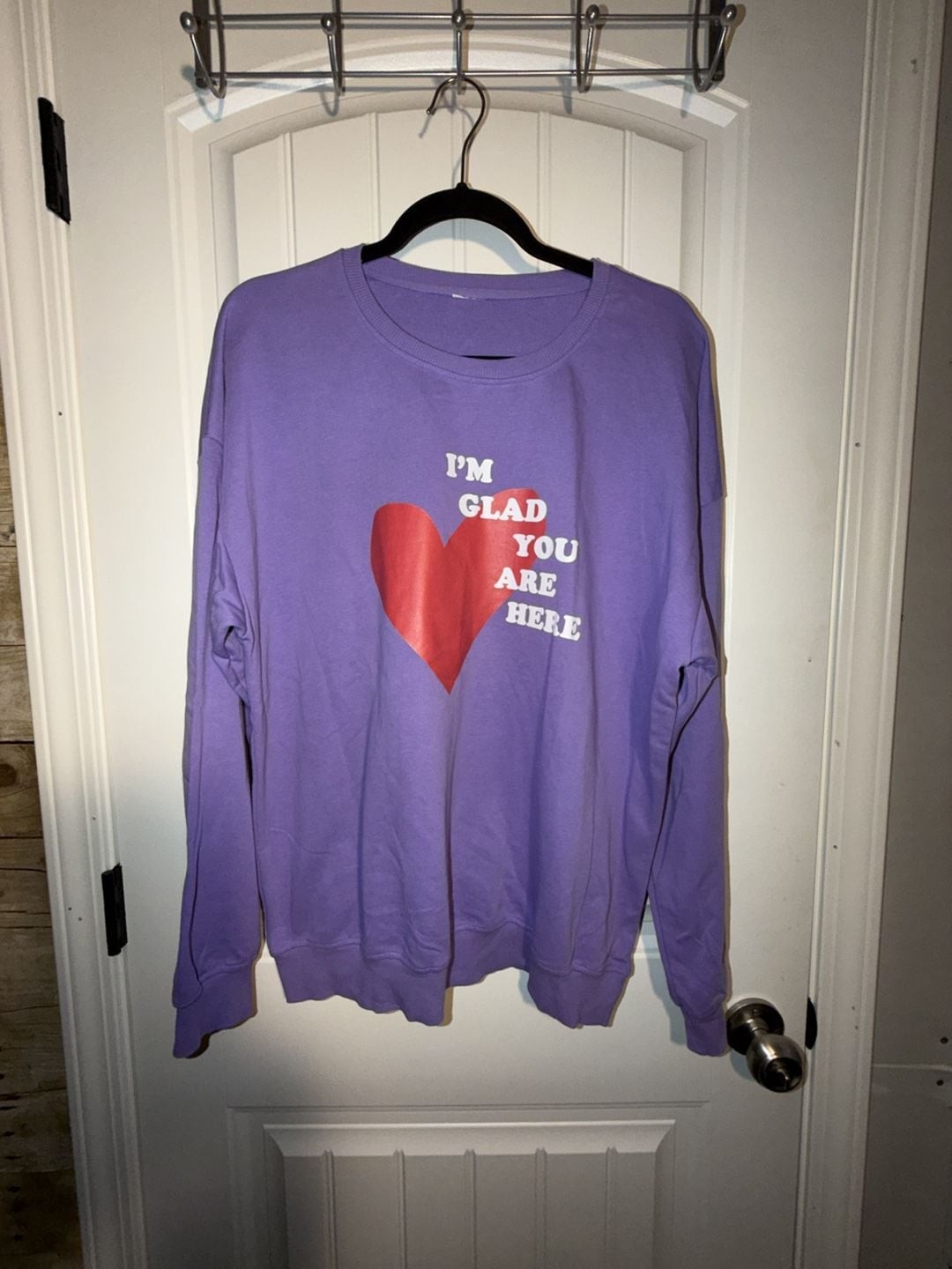 Olive Lynn Designs 'I'm Glad You Are Here' Lilac Crewneck Sweatshirt, photo 2