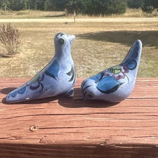 Tonala Mexican Folk Art Hand Painted Pottery Signed Birds Figurines (2) READ